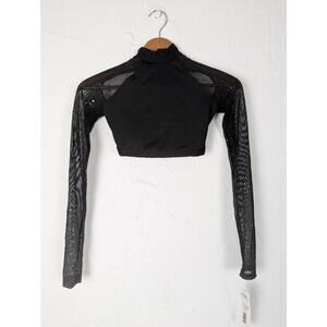 NWT Body Wrappers Dance Top XS Black Silver Sequins Mesh Sheer Long Sleeve Crop
